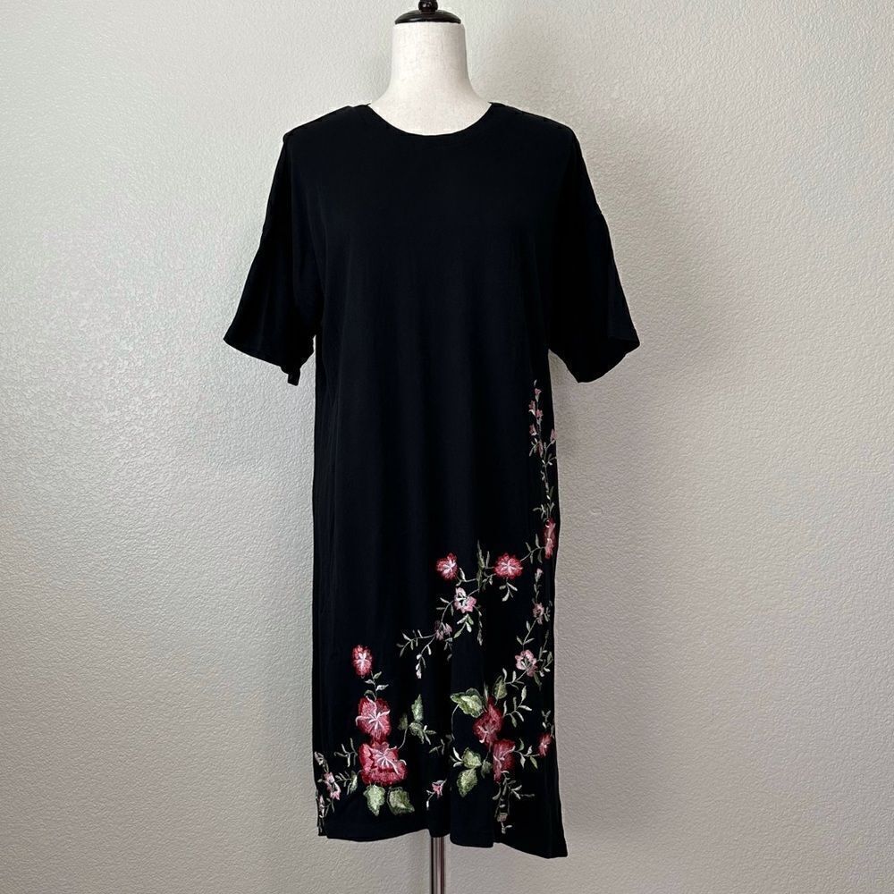 Asos Black Embroidered Short Sleeves High-Low Hem T-Shirt Dress